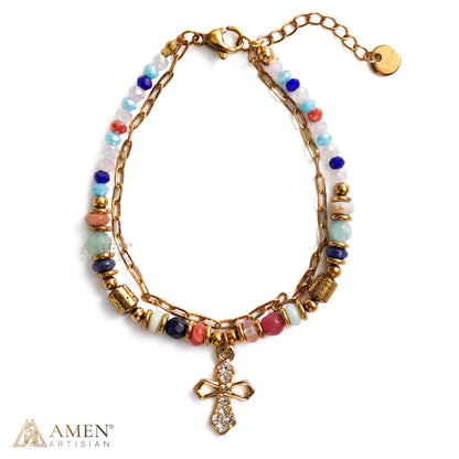 Layered Beaded Bracelet with Sparkling Cross Charm