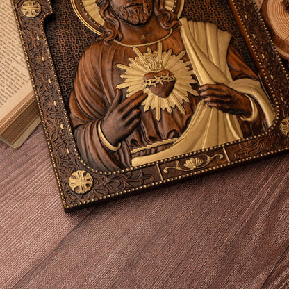 Sacred Heart of Jesus Wood Carved Relief Decor Amen Artisan