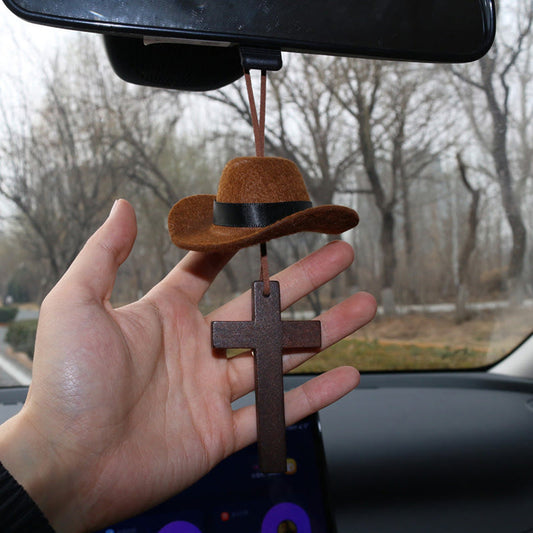 【Deal Today】Western Rearview Mirror Ornament with Cowboy Hat and Cross — Faith | Amen Artisan®