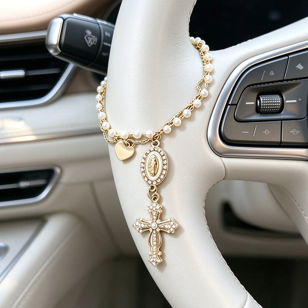 Virgin Mary & Cross Pearl-Like Bead Car Charm