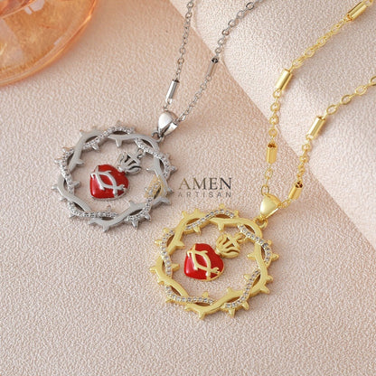 Crown of Thorns Sacred Heart Pendant Necklace Amen Artisan