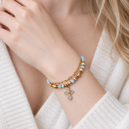 Layered Beaded Bracelet with Sparkling Cross Charm