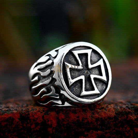 Cross & Flame Pattern Ring Amen Artisan
