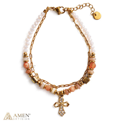 Layered Beaded Bracelet with Sparkling Cross Charm