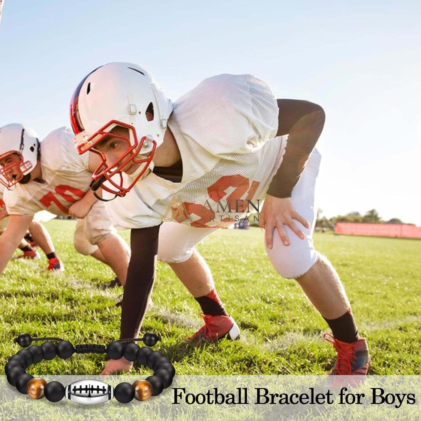 Natural Stone Bead Football Braided Bracelet Amen Artisan