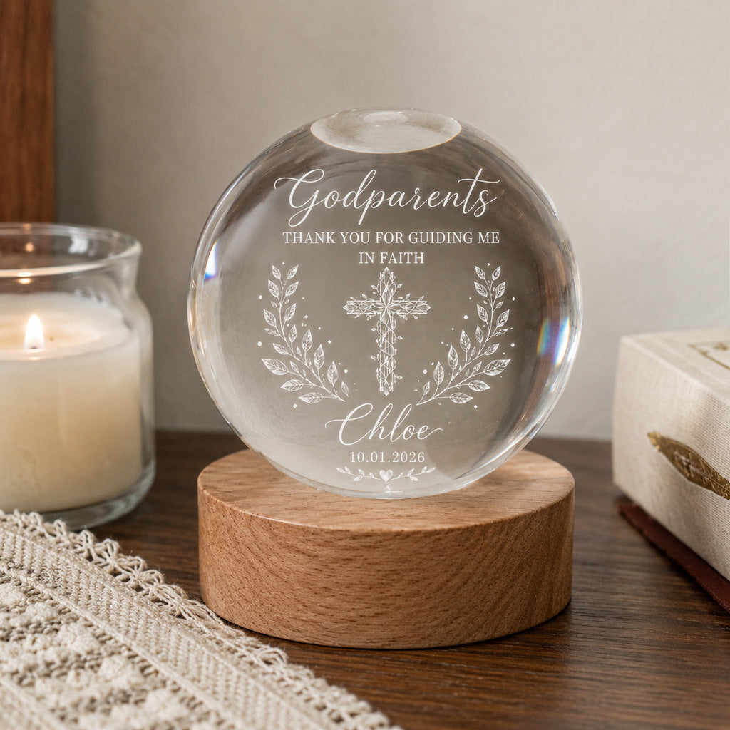 Personalized Godparents Crystal Night Light with Cross, Name, and Date — Faith Keepsake