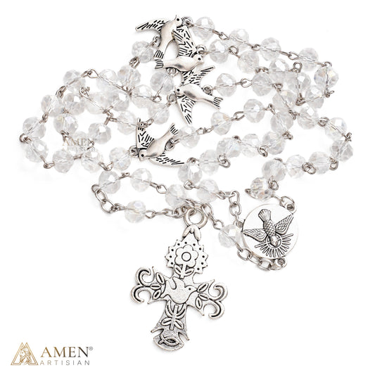 Holy Spirit Dove Rosary-Style Necklace with Clear Faceted Beads