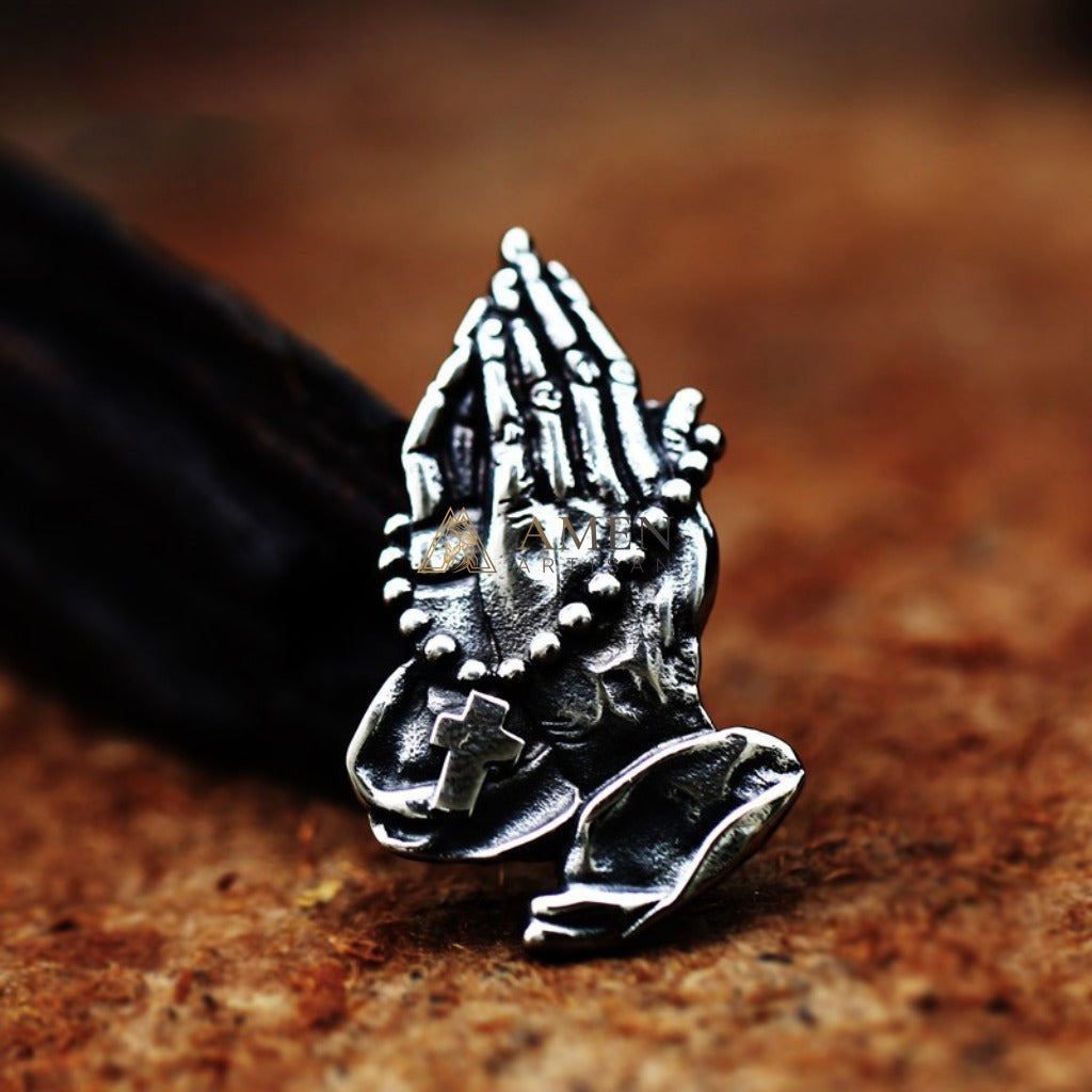 Praying Hands Cross Rosary Pendant Necklace Amen Artisan