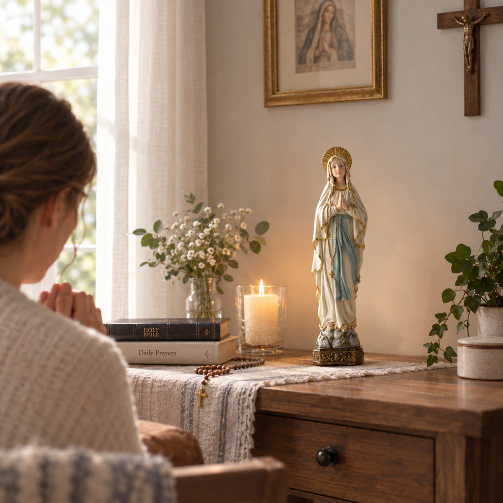 Virgin Mary Resin Statue with Rosary