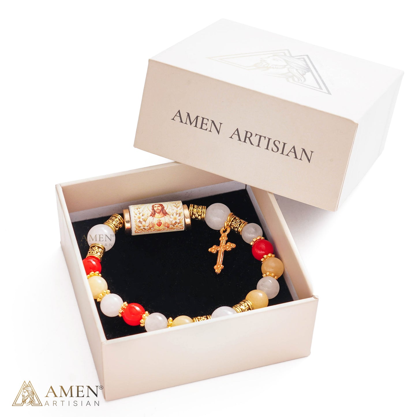 Sacred Heart Jesus Bracelet with Cool-Touch Crystal Beads