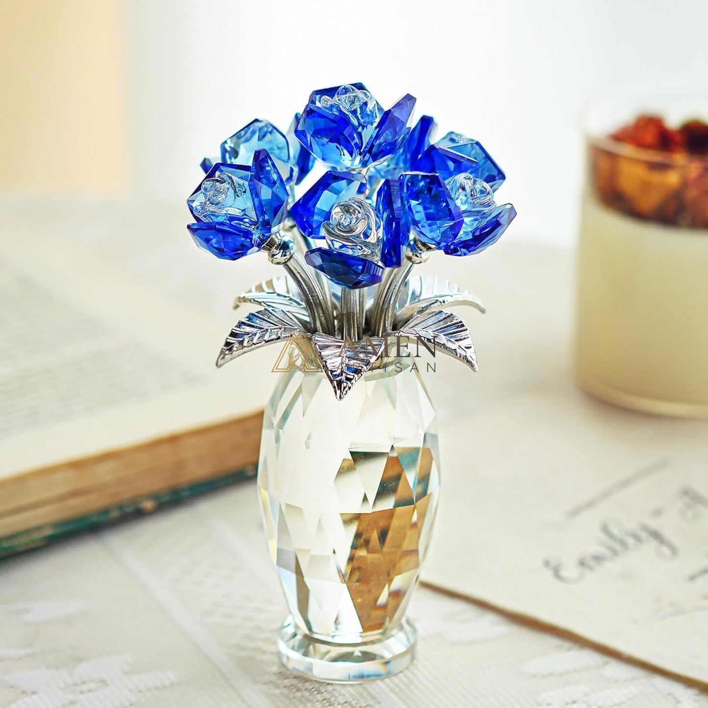 Crystal Blue Rose Statue Amen Artisan