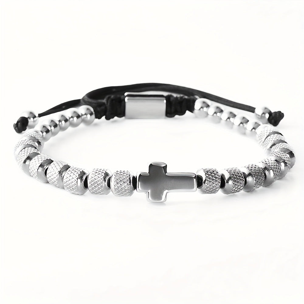 Adjustable Cross Bead Bracelet with Woven Cord