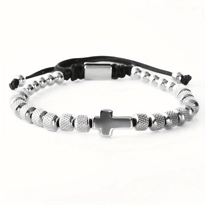 Adjustable Cross Bead Bracelet with Woven Cord