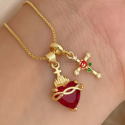 Sacred Heart & Rose Cross Multi-Pendant Necklace Amen Artisan
