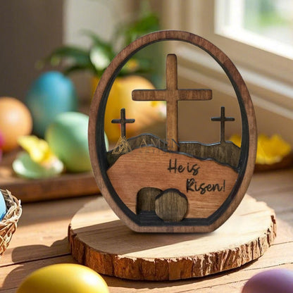 Calvary Oval Wood Resurrection Scene Plaque  Amen Artisan