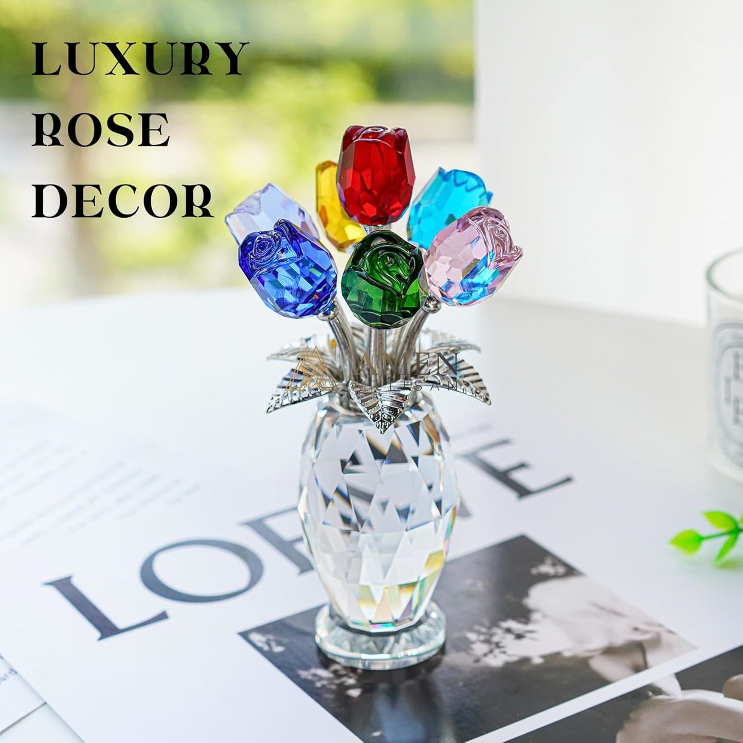 Crystal Colored Rose Figurine  Amen Artisan