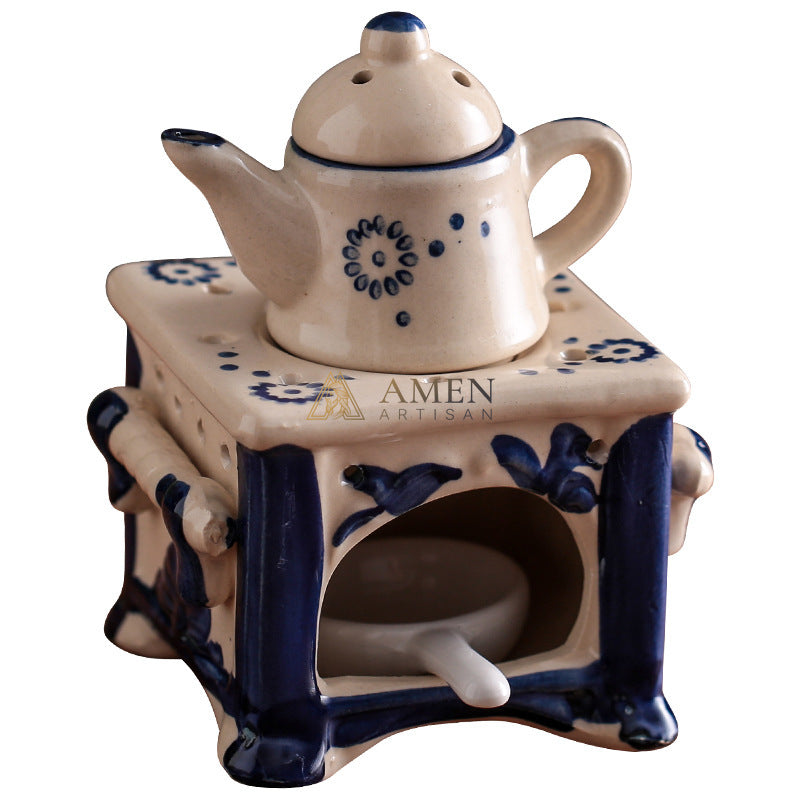 Meditation Blue Glazed Ceramic Aroma Diffuser Lamp Amen Artisan