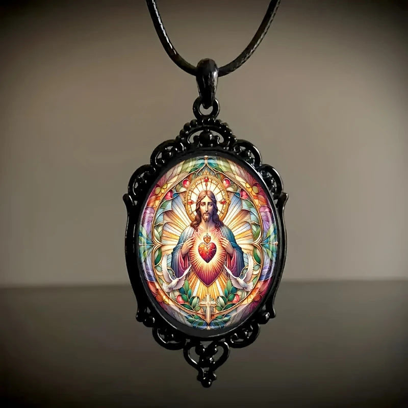 Simple black lace-edged base oval crystal Sacred Heart pendant