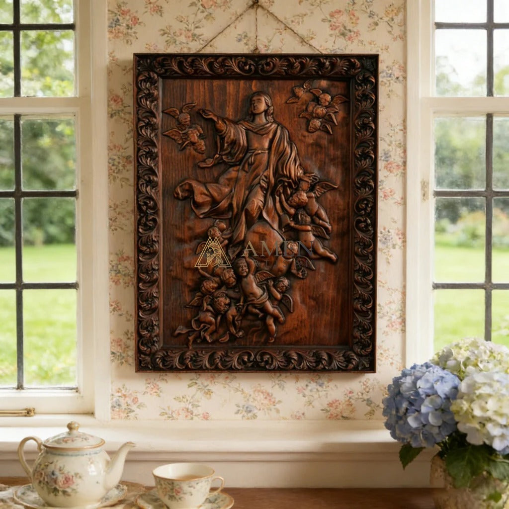 Assumption of Mary Wood Carving Amen Artisan