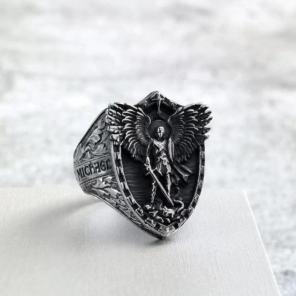 Shield Ring with Guardian Angel Relief - Protection, Courage & Faith |  Amen Artisan