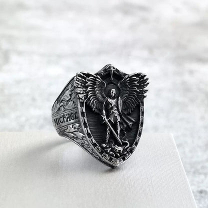 Shield Ring with Guardian Angel Relief - Protection, Courage & Faith |  Amen Artisan