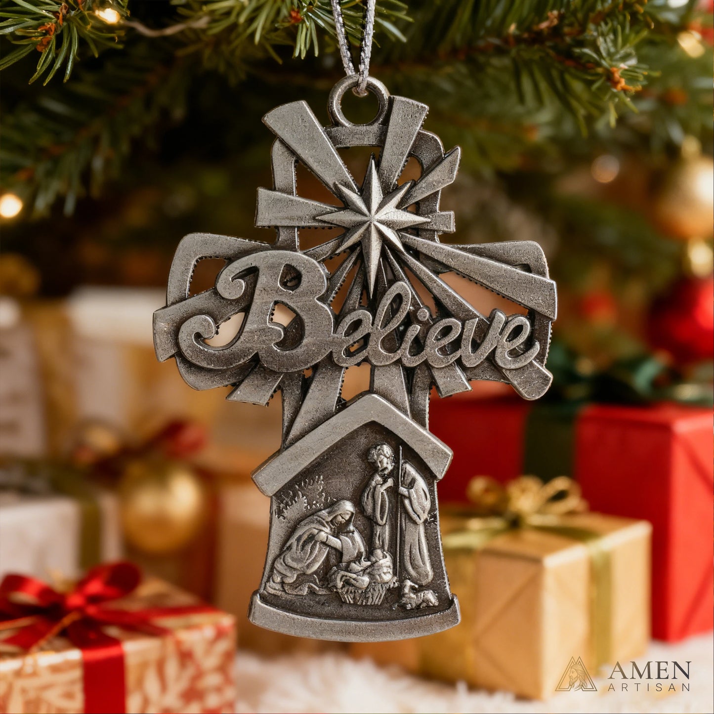 Premium Titanium Steel Nativity Ornament with Chain & Gift Box – 7 cm / 2.75"