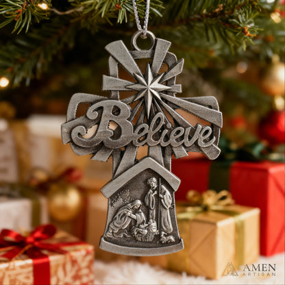 Premium Titanium Steel Nativity Ornament with Chain & Gift Box – 7 cm / 2.75"