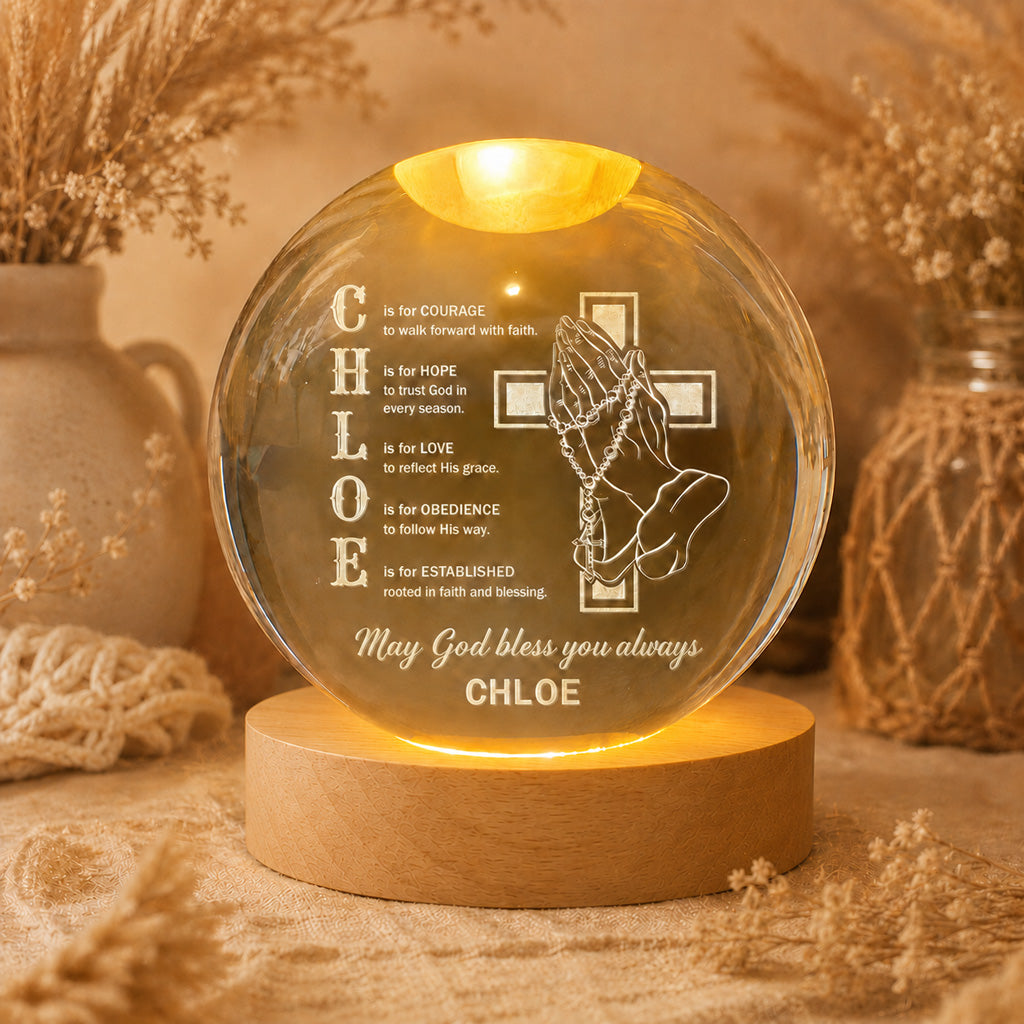 Personalized Name Faith Blessing Crystal Ball Night Light with Praying Hands & Cross Design — Blessing