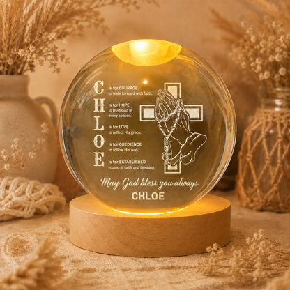 Personalized Name Faith Blessing Crystal Ball Night Light with Praying Hands & Cross Design — Blessing