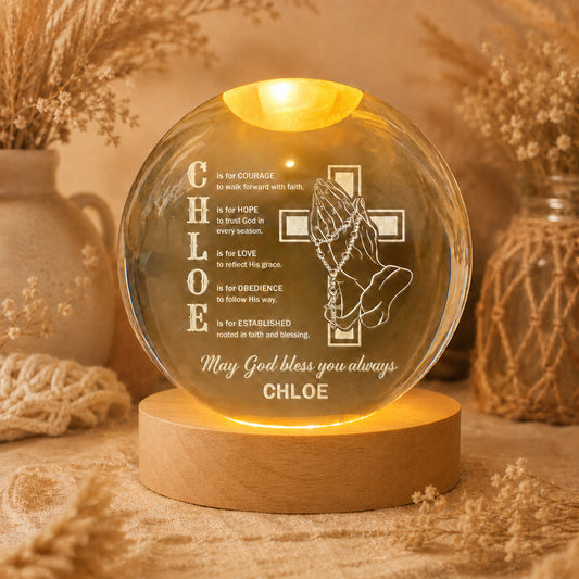 Personalized Name Faith Blessing Crystal Ball Night Light with Praying Hands & Cross Design — Blessing