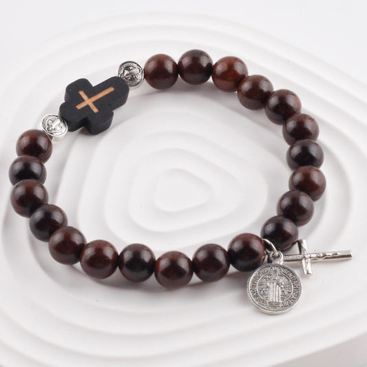 Handwoven Beads Made of Saint Benedict Cross Sandalwood Bracelet | Amen Artisan