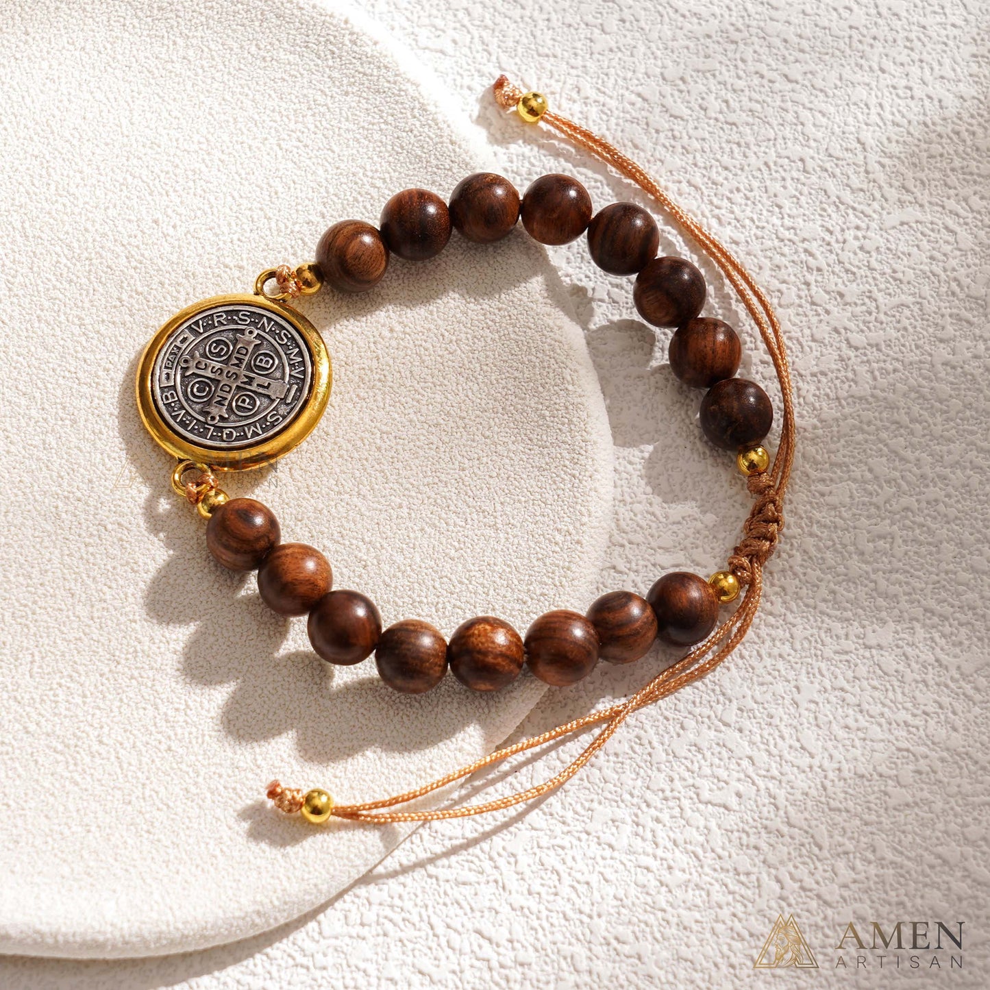 【Deal Today】Wooden Beads Saint Benedict Medal Adjustable Bracelet  | Amen Artisan