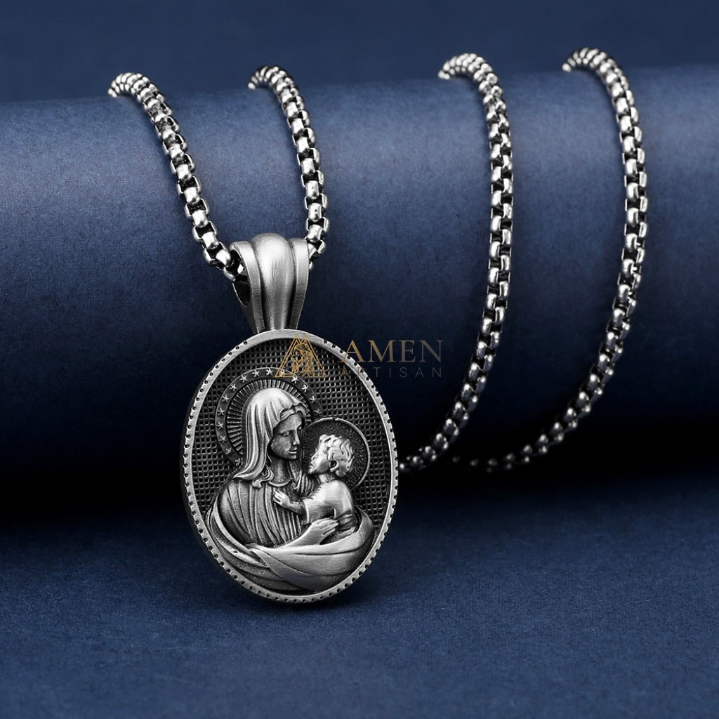 Virgin Mary & Child Oval Pendant Necklace Amen Artisan