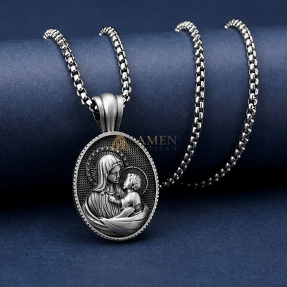 Virgin Mary & Child Oval Pendant Necklace Amen Artisan