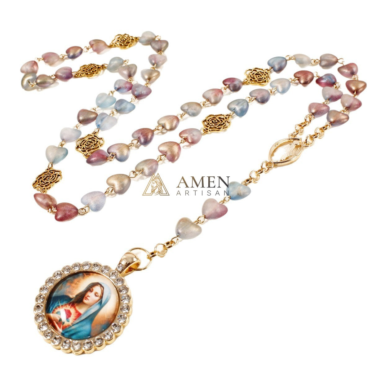 Heart-Shaped Stained Glass Our Lady Pendant Necklace Amen Artisan