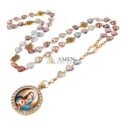 Heart-Shaped Stained Glass Our Lady Pendant Necklace Amen Artisan