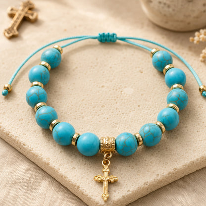 【DEAL TODAY】Adjustable Turquoise-Style Beaded Cross Bracelet