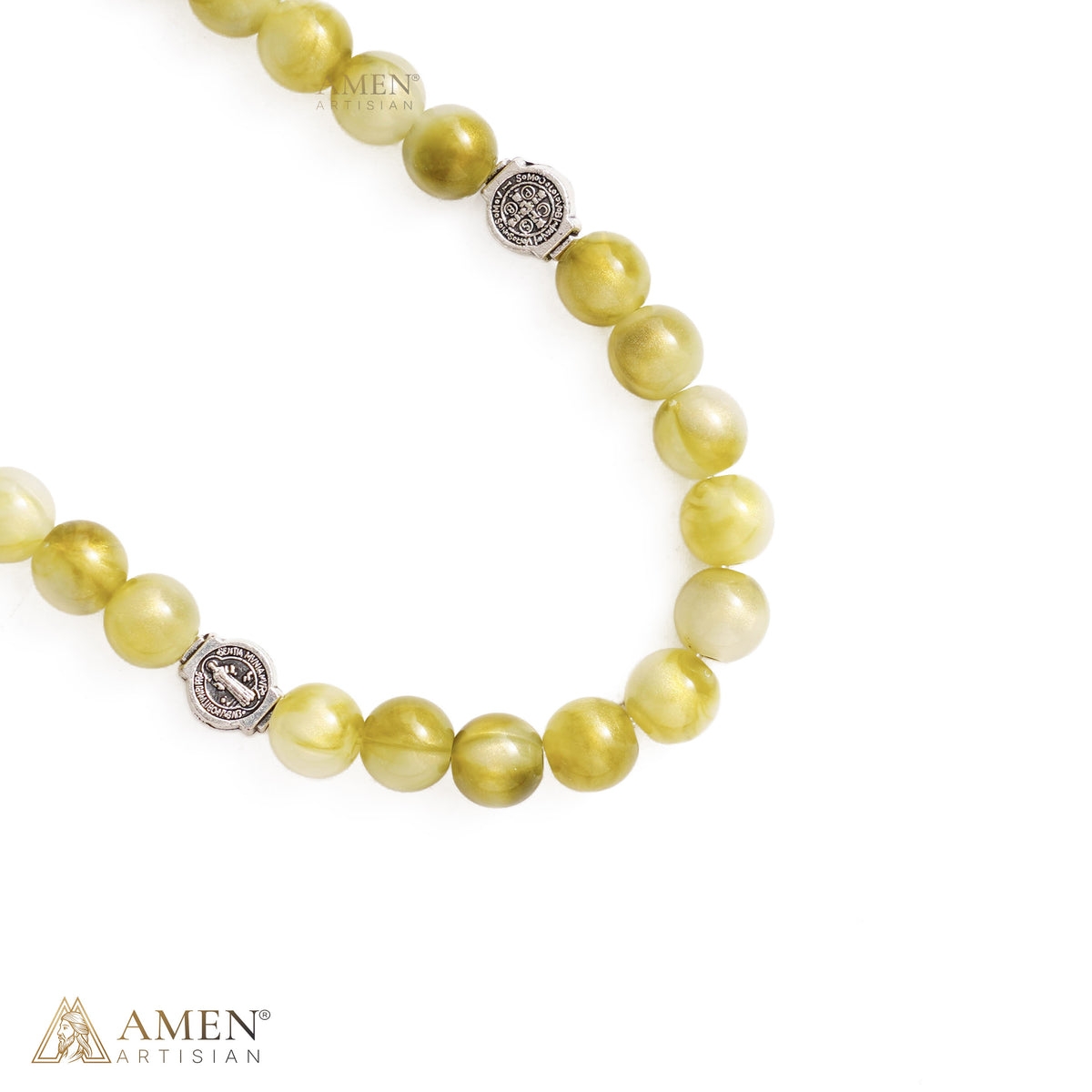 Olive Green St. Benedict Crucifix Beaded Wrap Bracelet and Necklace
