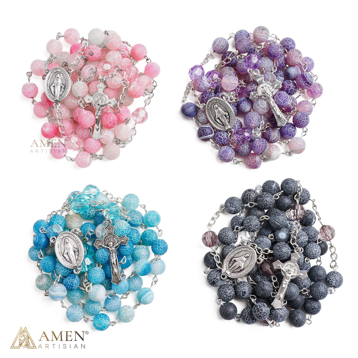 Our Lady Natural Blue Stone Rosary — Miraculous Medal & St. Benedict Crucifix