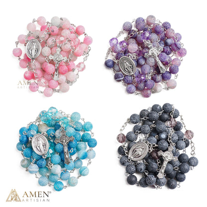 Our Lady Natural Blue Stone Rosary — Miraculous Medal & St. Benedict Crucifix