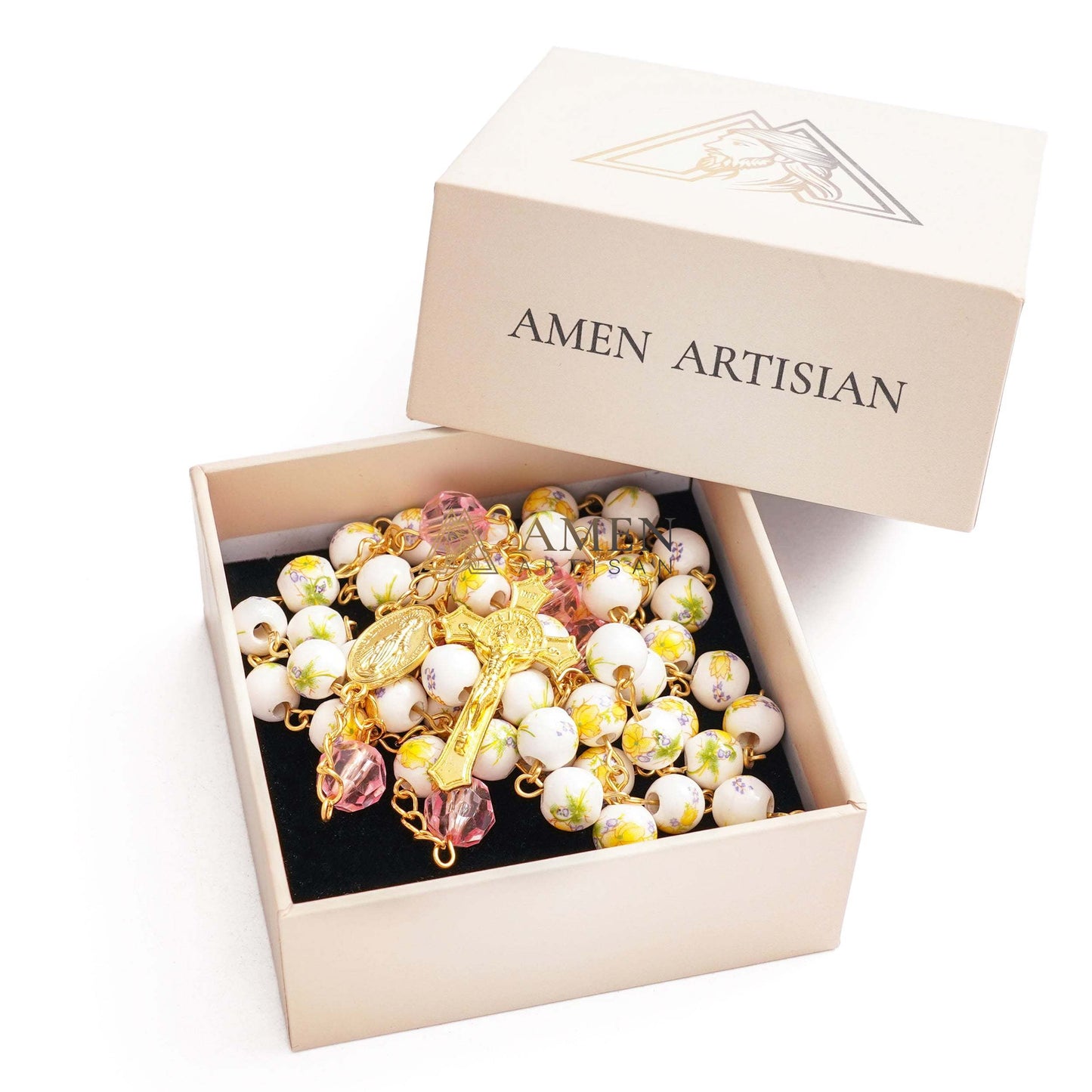 Yellow Floral Ceramic Rosary Amen Artisian