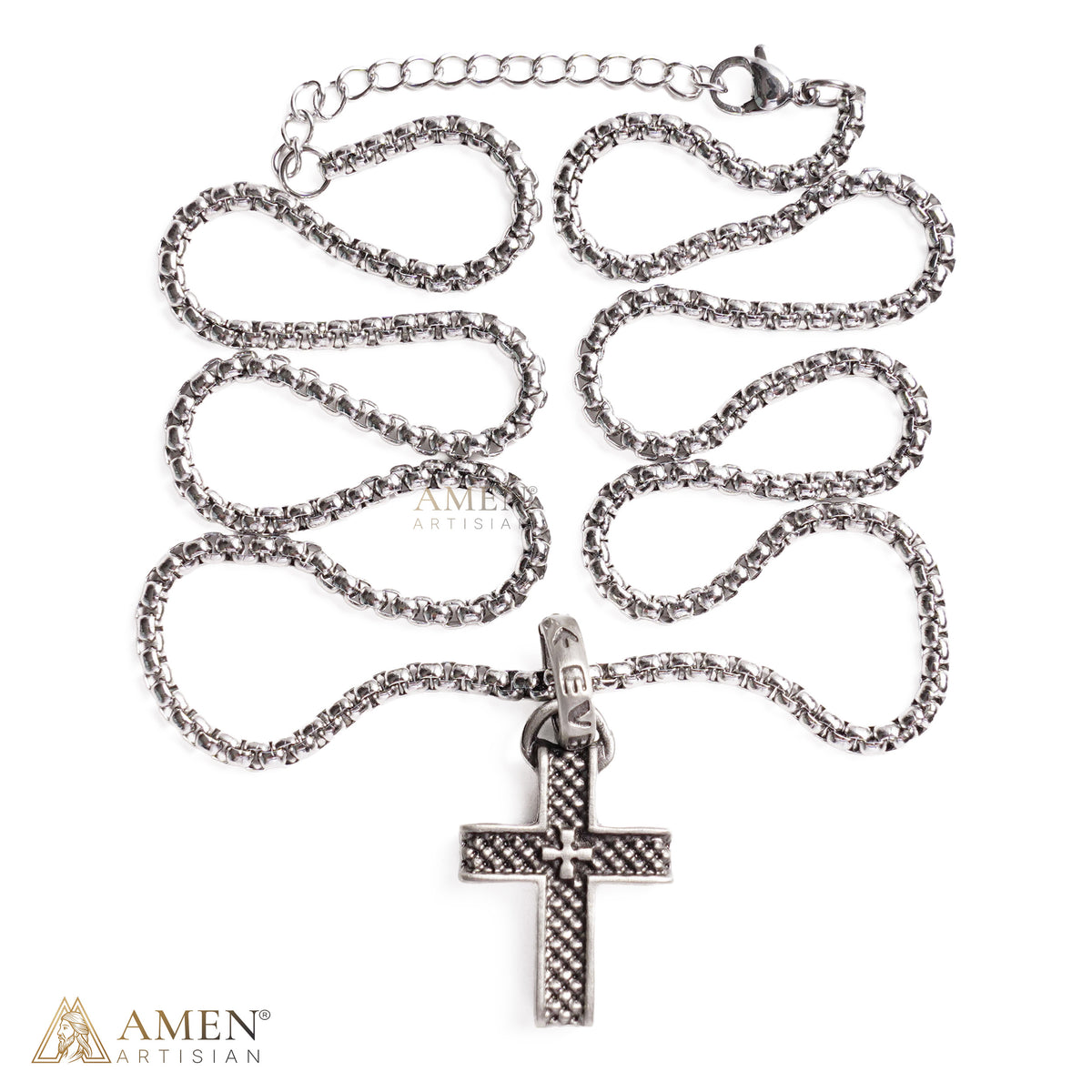 Double Layer Textured Cross Pendant Necklace Amen Artisan