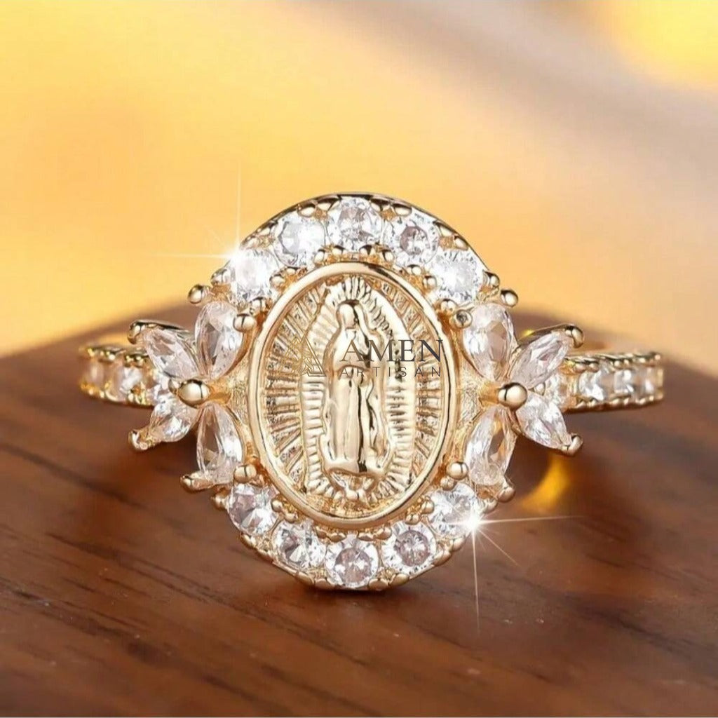 Virgin Mary Crystal-Encrusted Ring Amen Artisan