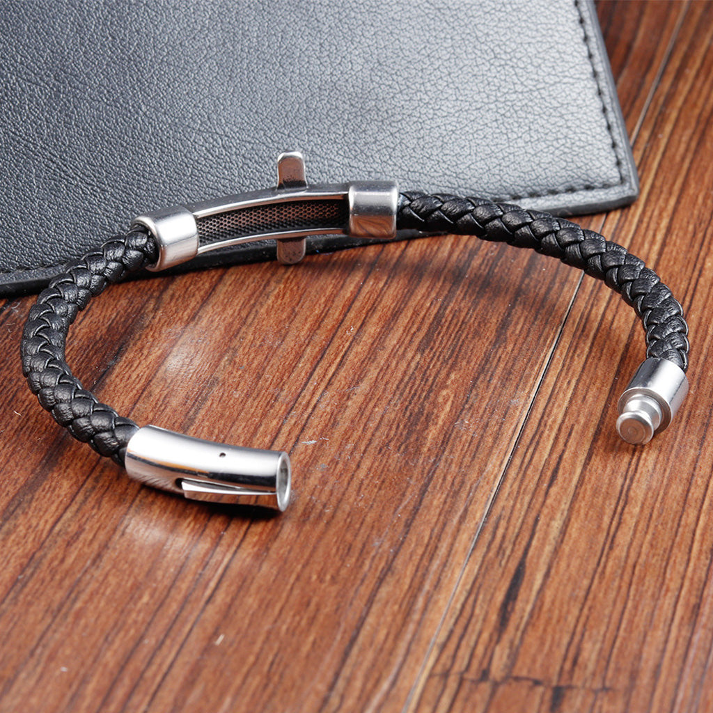 Black Leather Cross Bracelet with Magnetic Clasp — Daily Faith Reminder