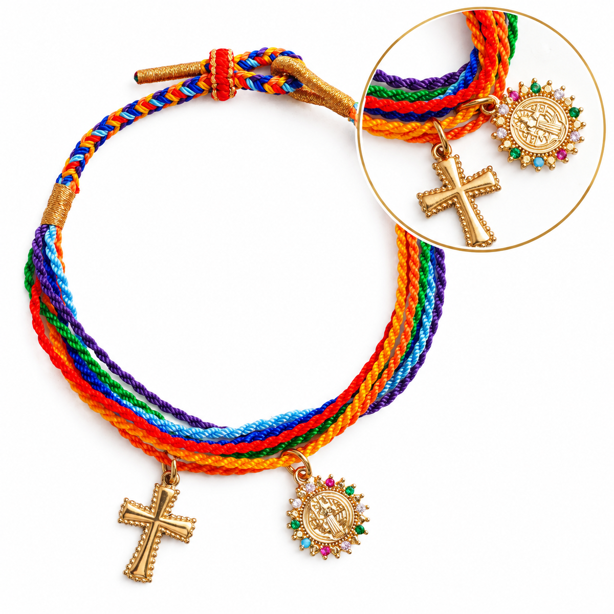 St. Benedict Medal Adjustable Cord Bracelet with Cross Charm