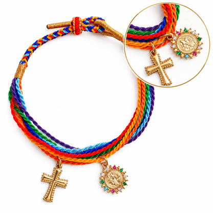 St. Benedict Medal Adjustable Cord Bracelet with Cross Charm
