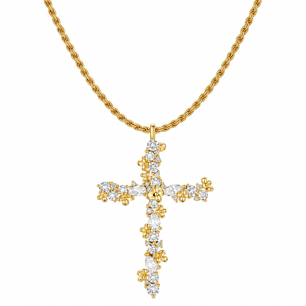 Cubic Zirconia Floral Cross Necklace
