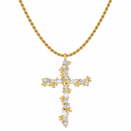 Cubic Zirconia Floral Cross Necklace
