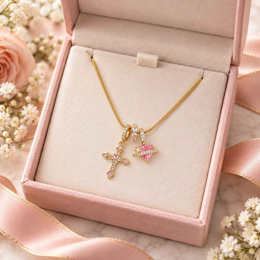 Pink Cross & Heart Charm Necklace