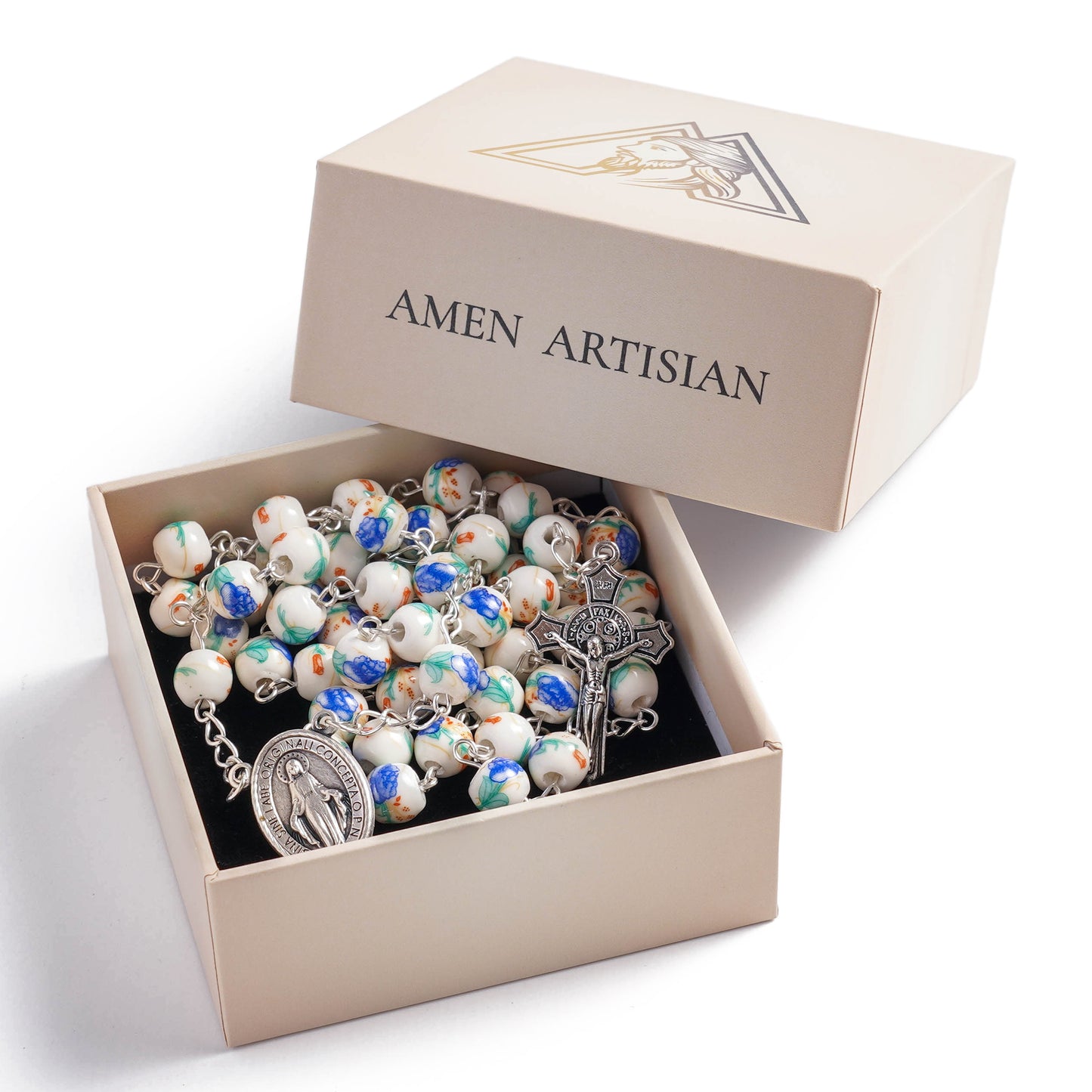 Blue Peony Ceramic Rosary Amen Artisan